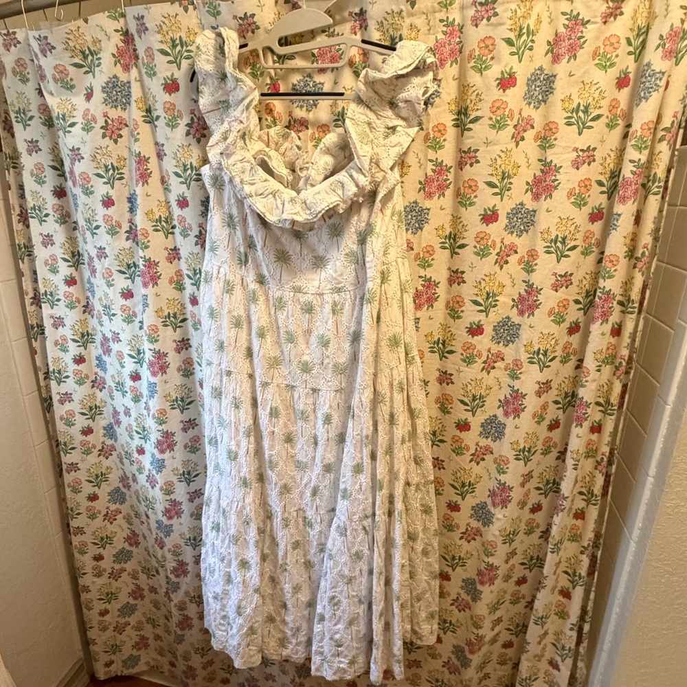 crown & ivy Cream Sundress with Green and Pink Floral Embroidery